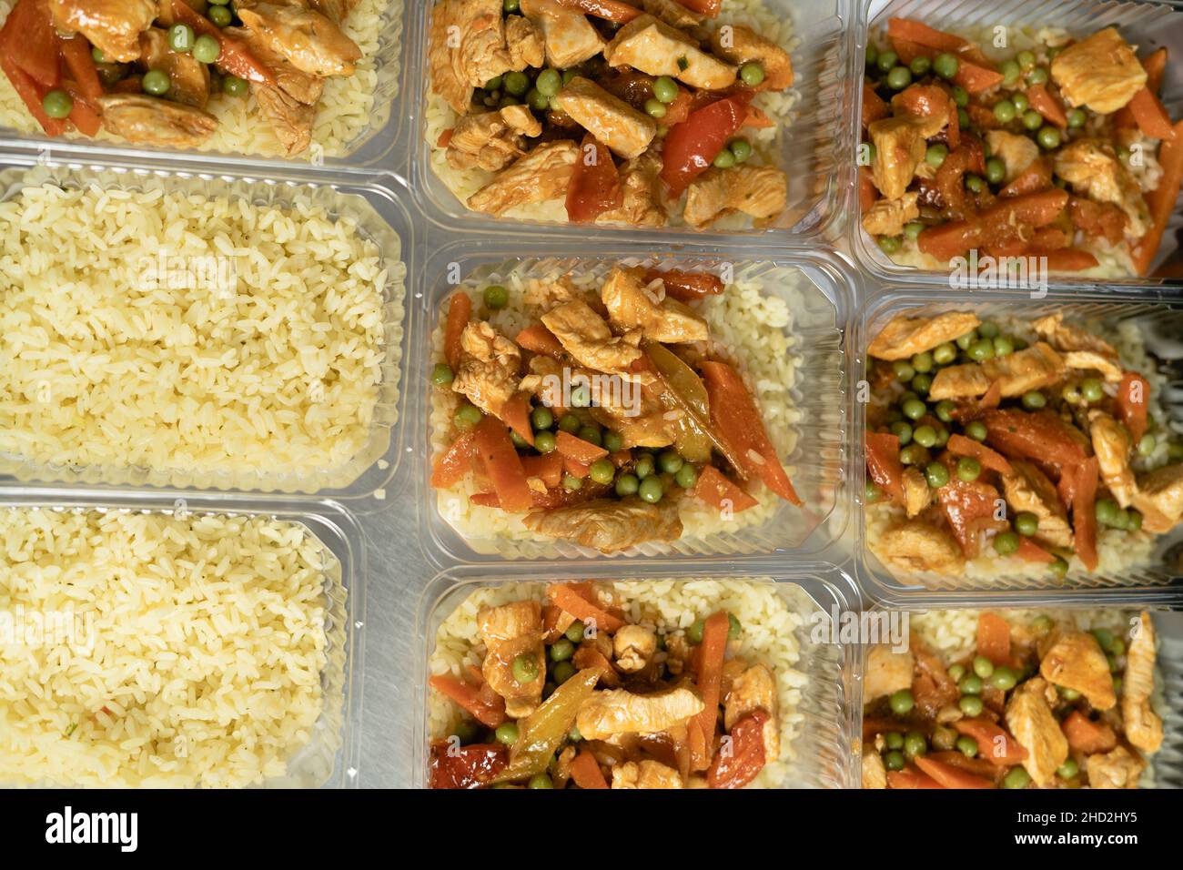 food delivery in the restaurant. Business lunch in an eco-friendly plastic container, ready for delivery. View from above. Office Lunch boxes with Stock Photo