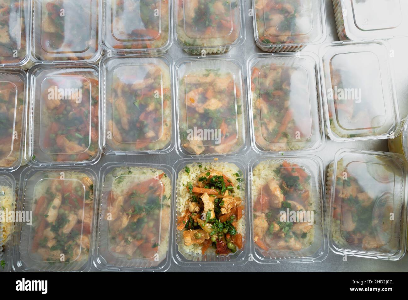 food delivery in the restaurant. Business lunch in an eco-friendly plastic container, ready for delivery. View from above. Office Lunch boxes with Stock Photo