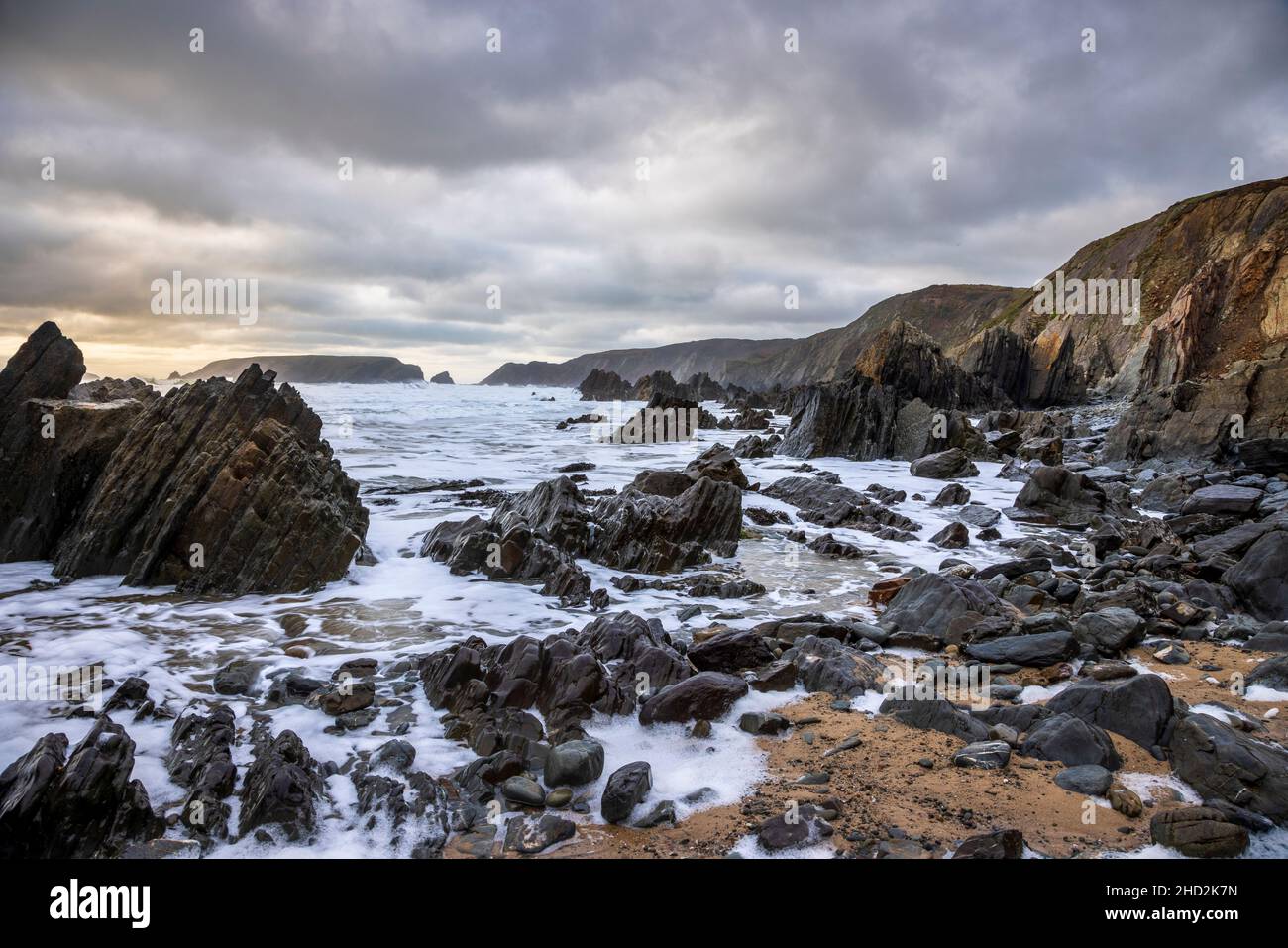 Beach and rocks at Marloes Sands just after high-tide in the winter, Pembrokeshire, South Wales Stock Photo