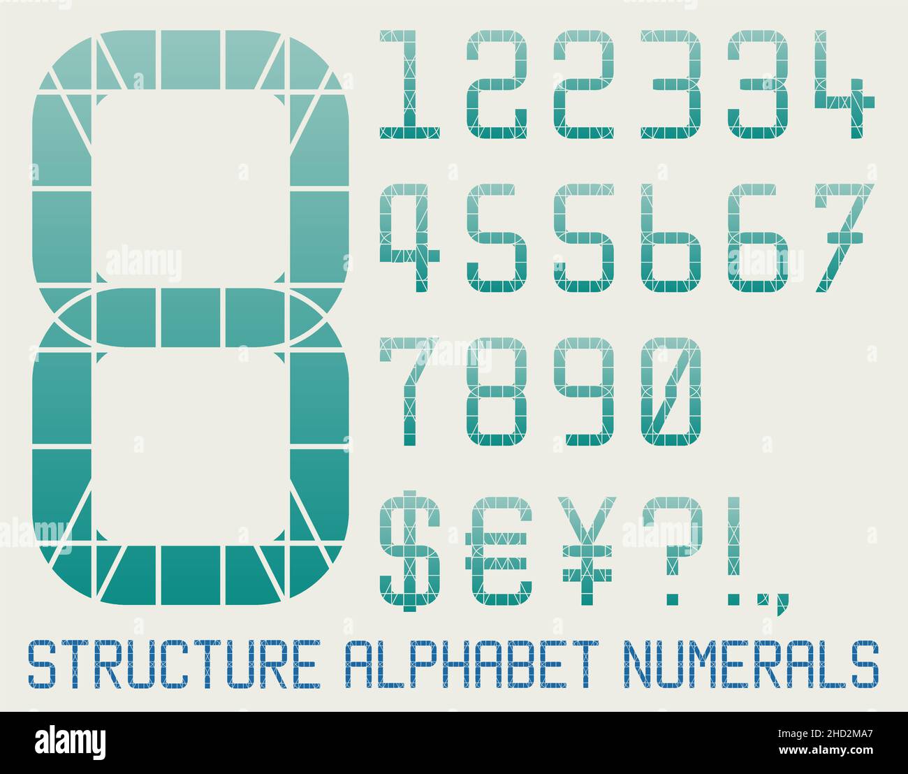 Architectural alphabet numerals glyphs in gradient color with visible