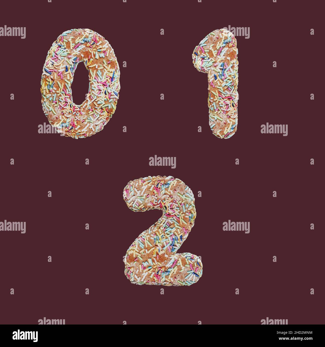 3D rendering of sprinkle gingerbread cookies letters alphabet - digits 0-2 Stock Photo