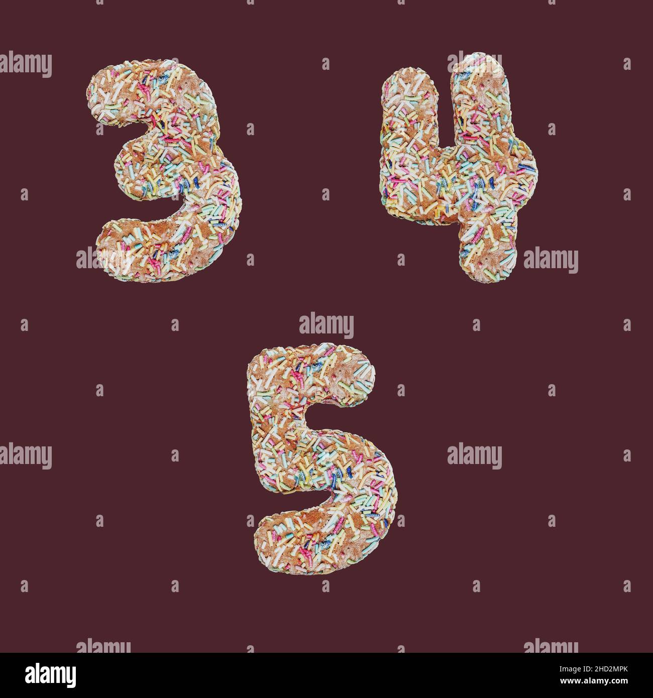 3D rendering of sprinkle gingerbread cookies letters alphabet - digits 3-5 Stock Photo