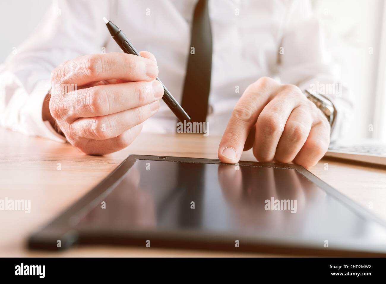 Employer offers stylus pen for electronic signature or e-sign of employment contract agreement in office, selective focus Stock Photo