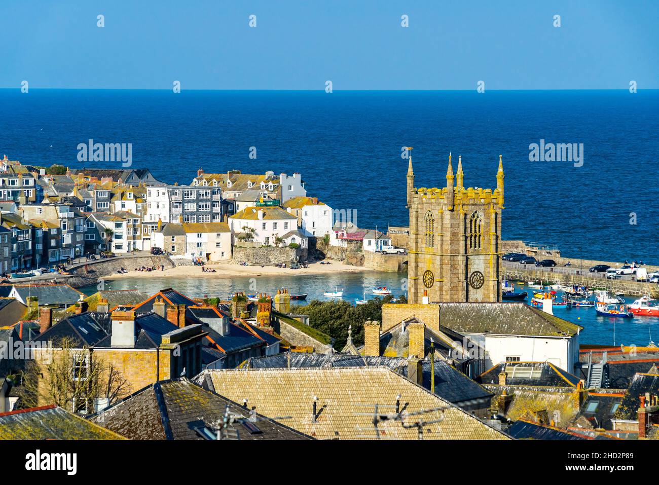 Overlooking the harbour beach and town at St Ives Cornwall England UK Europe Stock Photo