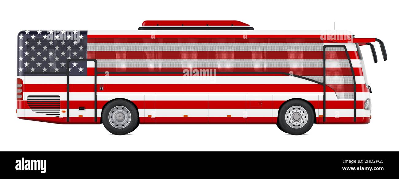 Bus travel in the USA, American bus tours, concept. 3D rendering isolated on white background Stock Photo