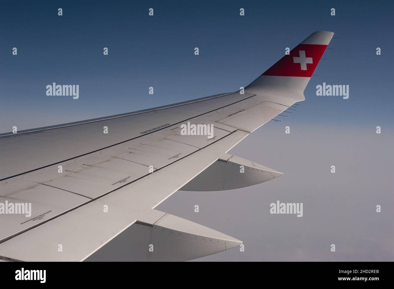 14.12.2021, Switzerland, Europe - Flying on a Swiss International Air Lines Airbus A220 from Zurich to Berlin with aerial view from the airplane. Stock Photo