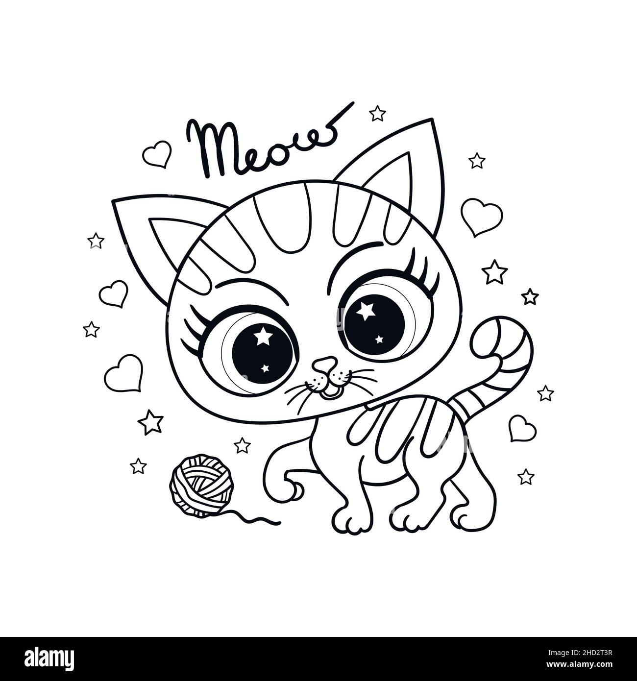 Cute kitten with a clew. Black and white linear image. Vector Stock Vector