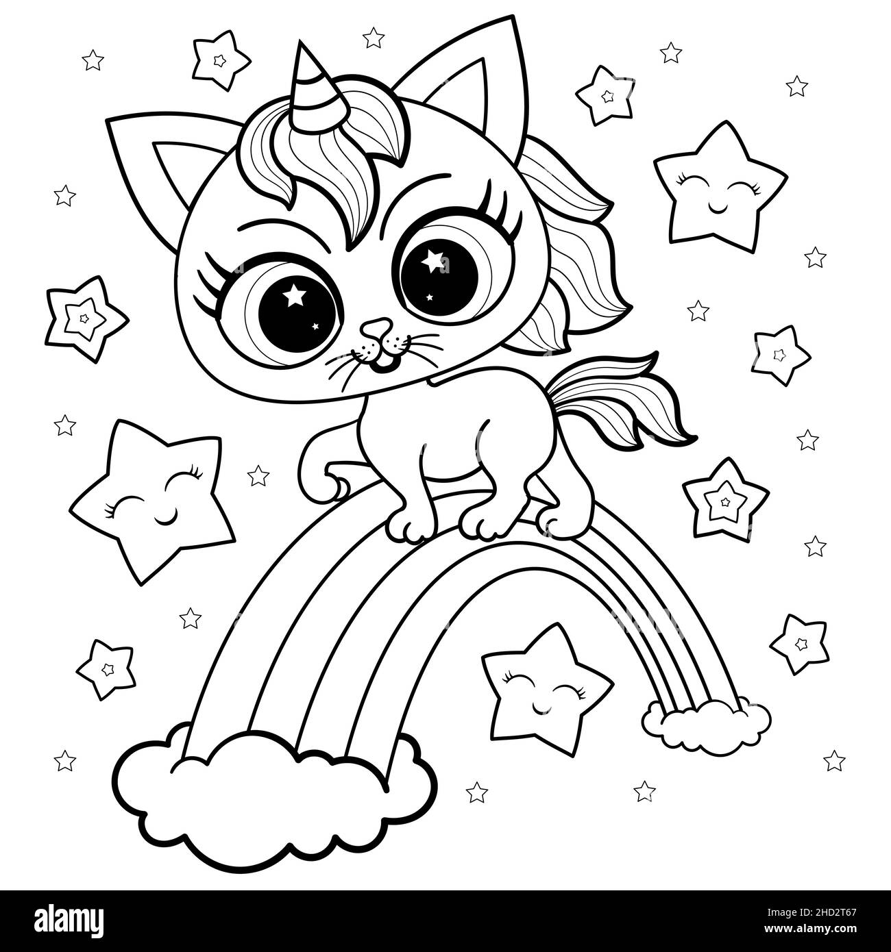 Cute cat unicorn on the rainbow. Black and white, linear image. Vector Stock Vector