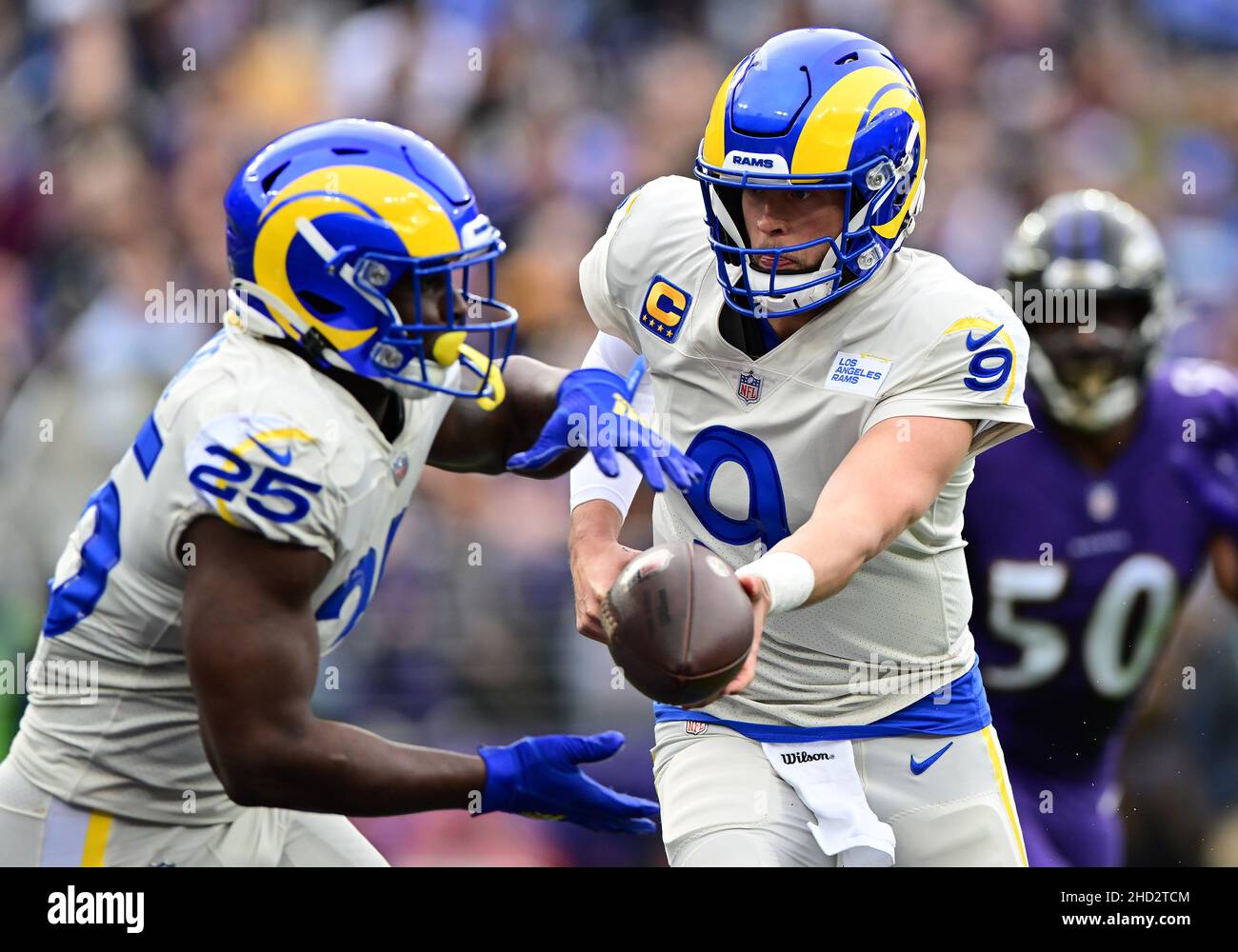 Baltimore, United States. 02nd Jan, 2022. Los Angeles Rams quarterback Matthew Stafford (9) hands off to running back Sony Michel (25) during the first half at M&T Bank Stadium in Baltimore, Maryland, on Sunday, January 2, 2022. Photo by David Tulis/UPI Credit: UPI/Alamy Live News Stock Photo
