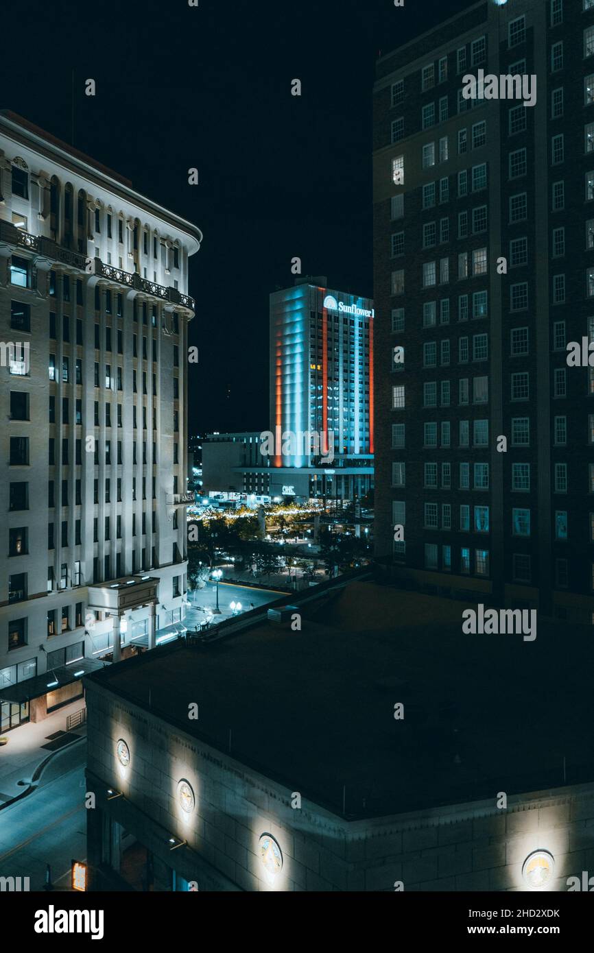 Aerial overlook view of Downtown El Paso light buildings at night in