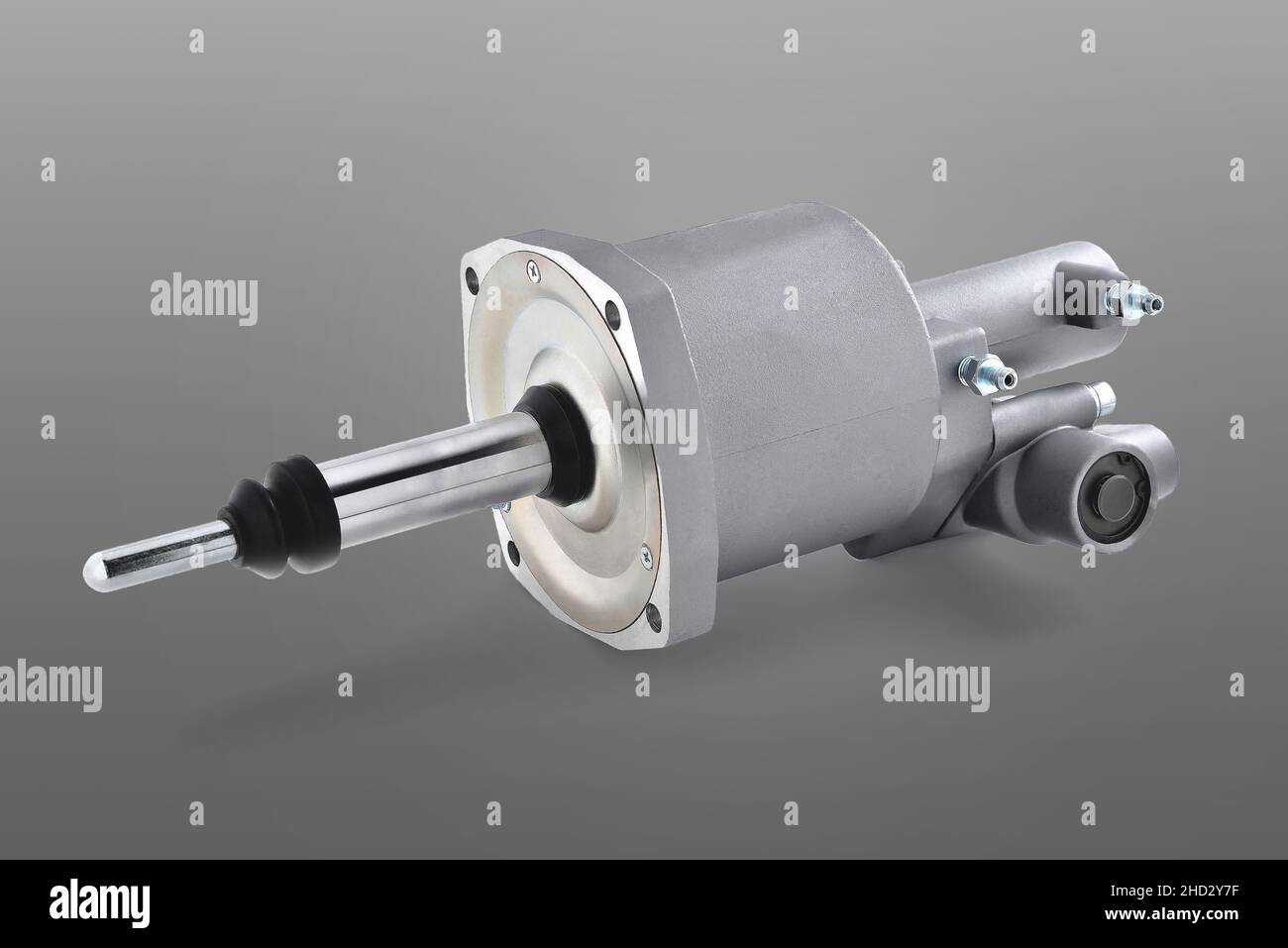 brake master cylinder, air-hydraulic brake booster car, truck brake system detail, gray background, close-up selective focus Stock Photo