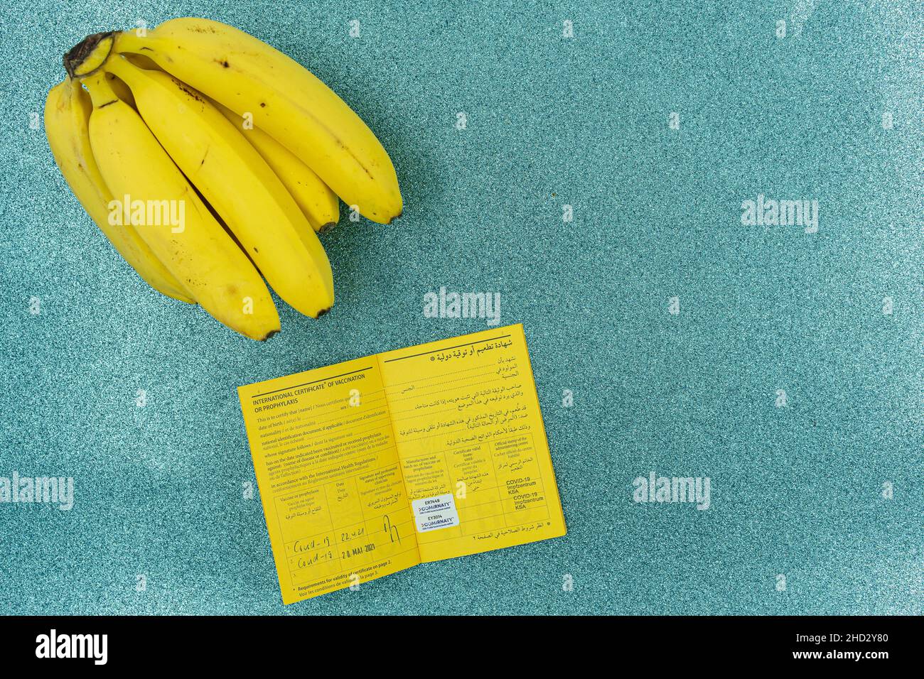 Yellow bananas and vaccine card with rubber stamp of covid-19 vaccine on turquoise background as water. Travel and covid-19 theme. Stock Photo
