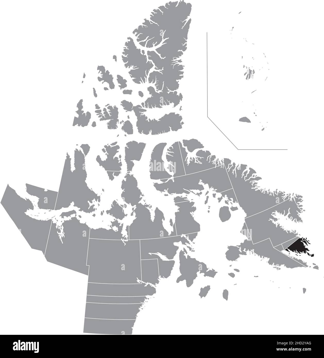 Black flat blank highlighted location map of the IQALUIT-NIAQUNNGUU District inside gray administrative map of the territorial electoral districts of Stock Vector