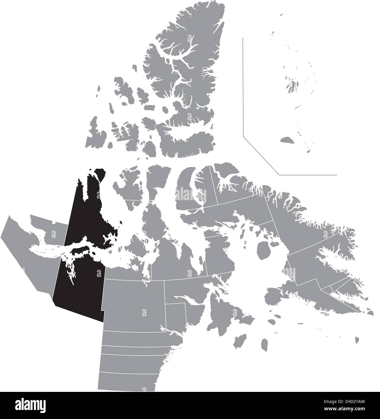 Black flat blank highlighted location map of the CAMBRIDGE BAY District inside gray administrative map of the territorial electoral districts of Canad Stock Vector