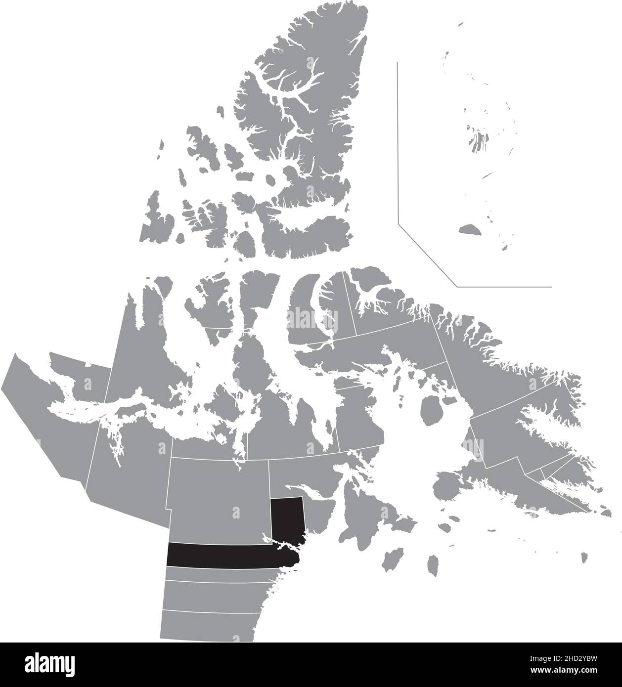 Black flat blank highlighted location map of the RANKIN INLET NORTH-CHESTERFIELD INLET District inside gray administrative map of the territorial elec Stock Vector
