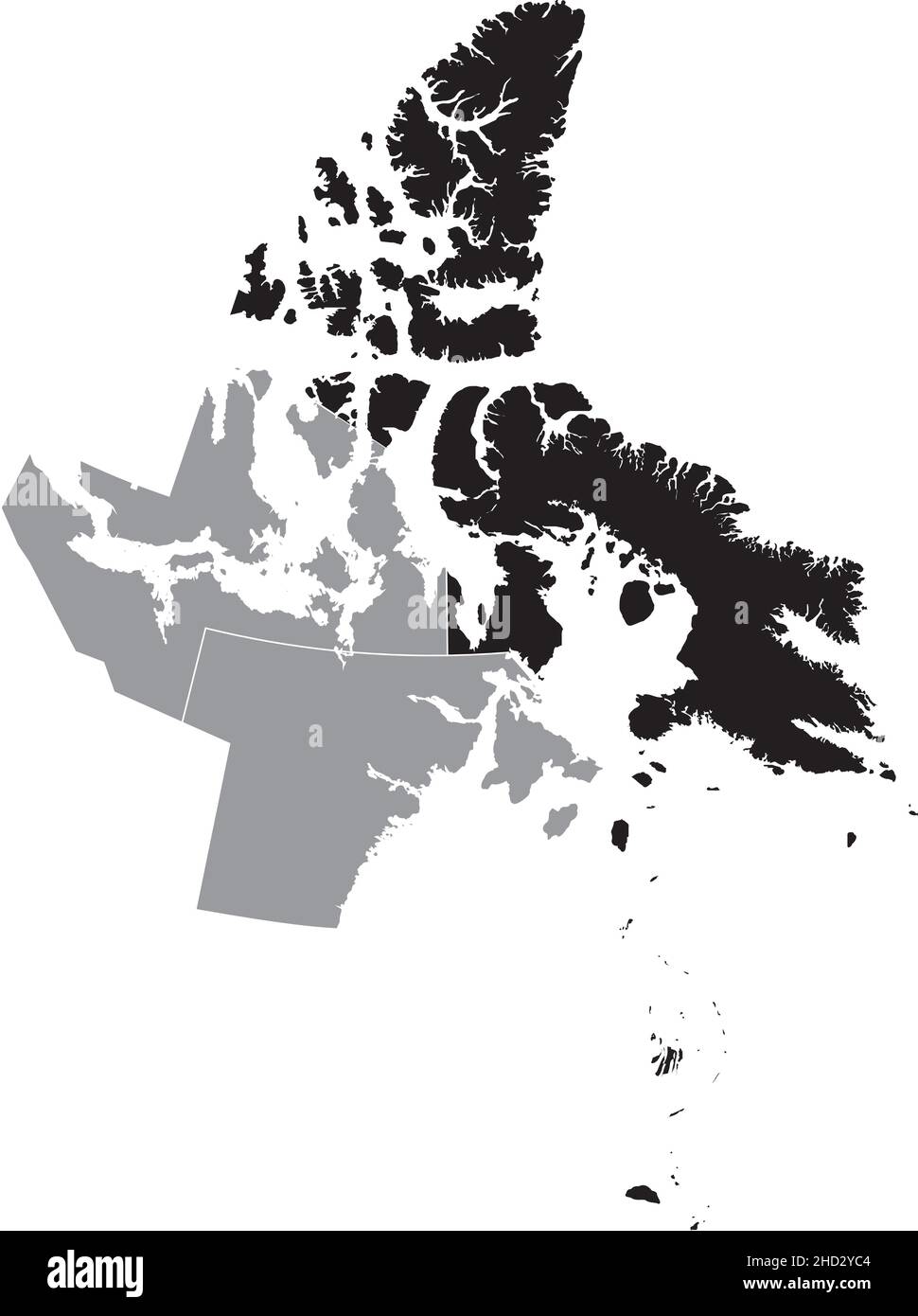 Black flat blank highlighted location map of the QIKIQTAALUK-BAFFIN Region inside gray administrative map of the Canadian territory of Nunavut, Canada Stock Vector