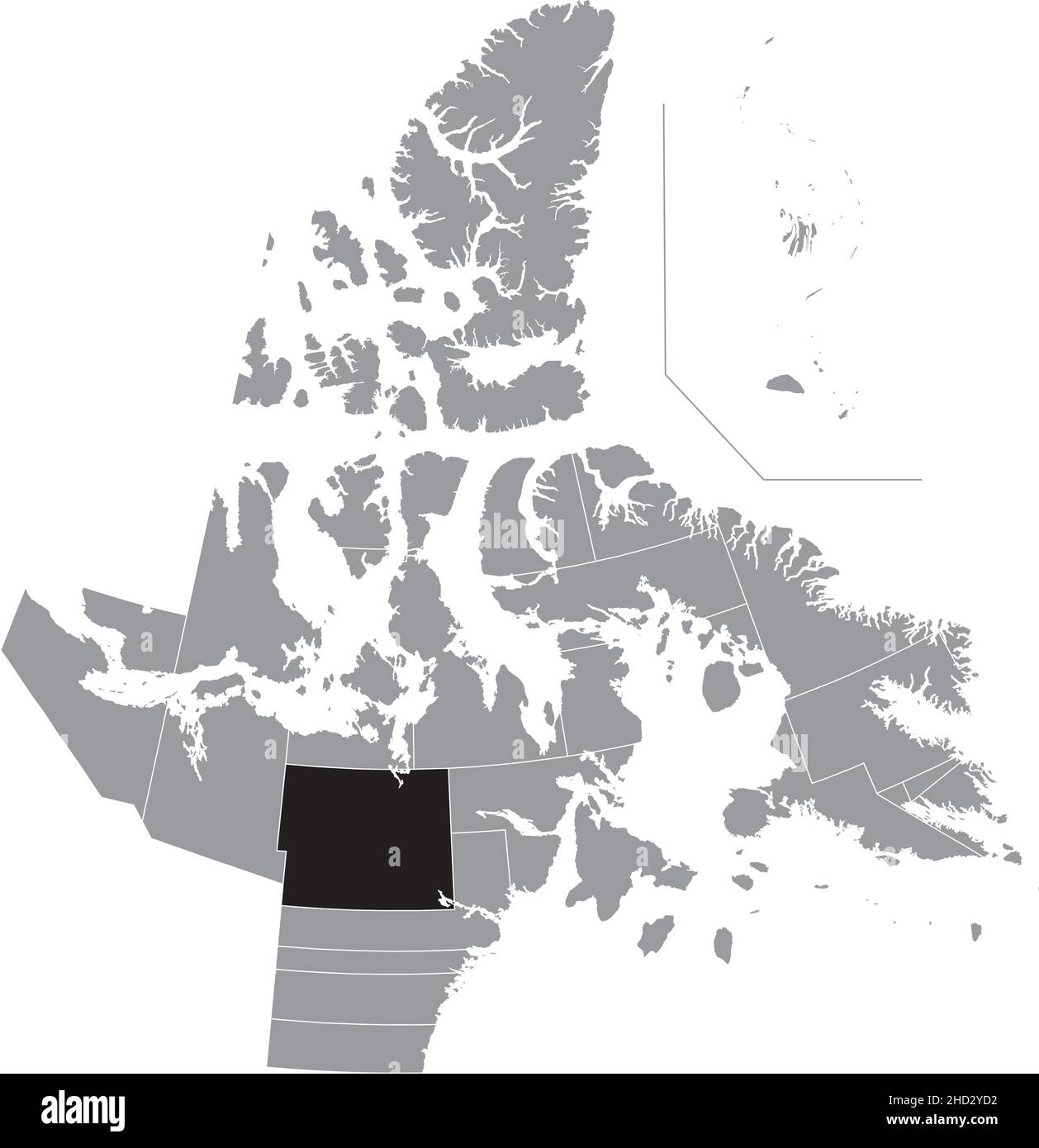 Black flat blank highlighted location map of the BAKER LAKE District inside gray administrative map of the territorial electoral districts of Canadian Stock Vector