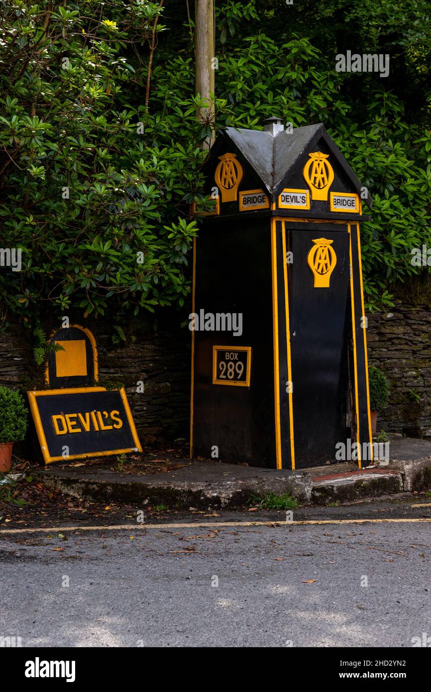 Old fashioned AA call box, Devil's Bridge, Ceredigion, Wales Stock Photo