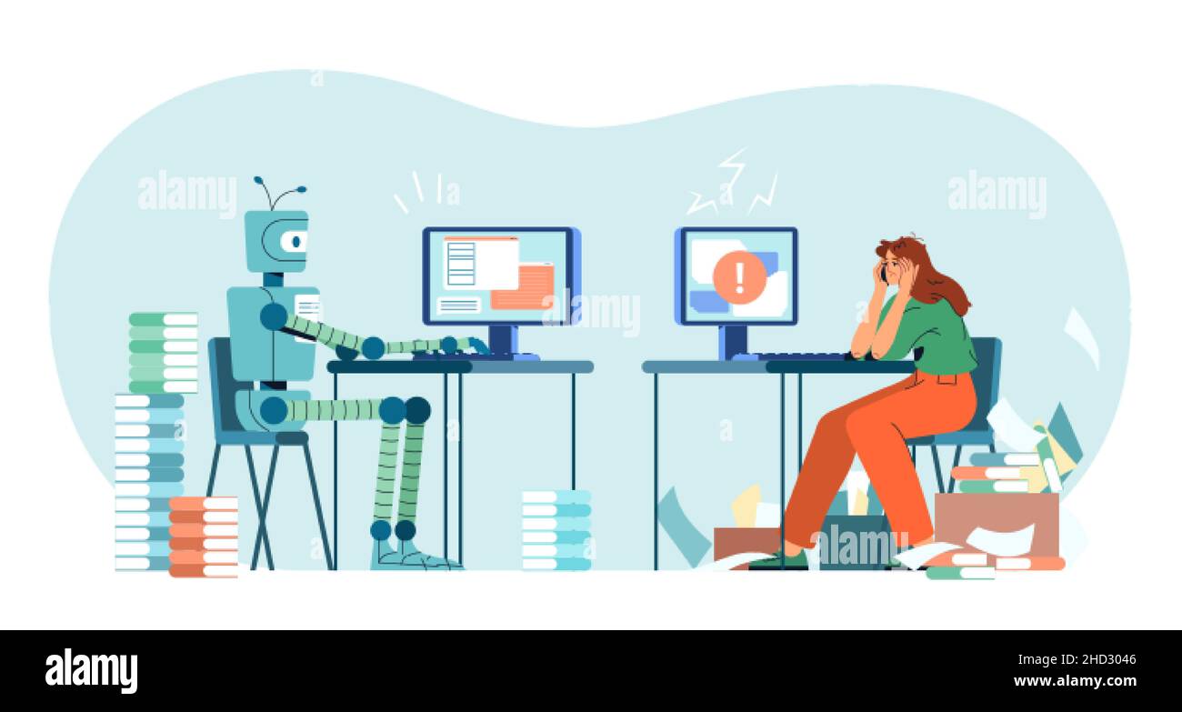 Robot vs human flat vector illustration. Robotic machine and tired woman at computer in office. Humanoid versus person. Artificial intelligence challenging employee. Modern ai technology. Stock Vector