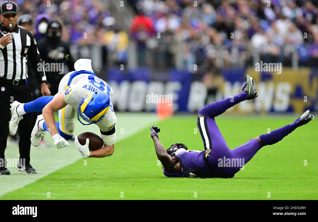 Baltimore, United States. 02nd Jan, 2022. Baltimore Ravens quarterback  Tyler Huntley (2) reacts after a first down run against the Los Angeles  Rams during the first half at M&T Bank Stadium in