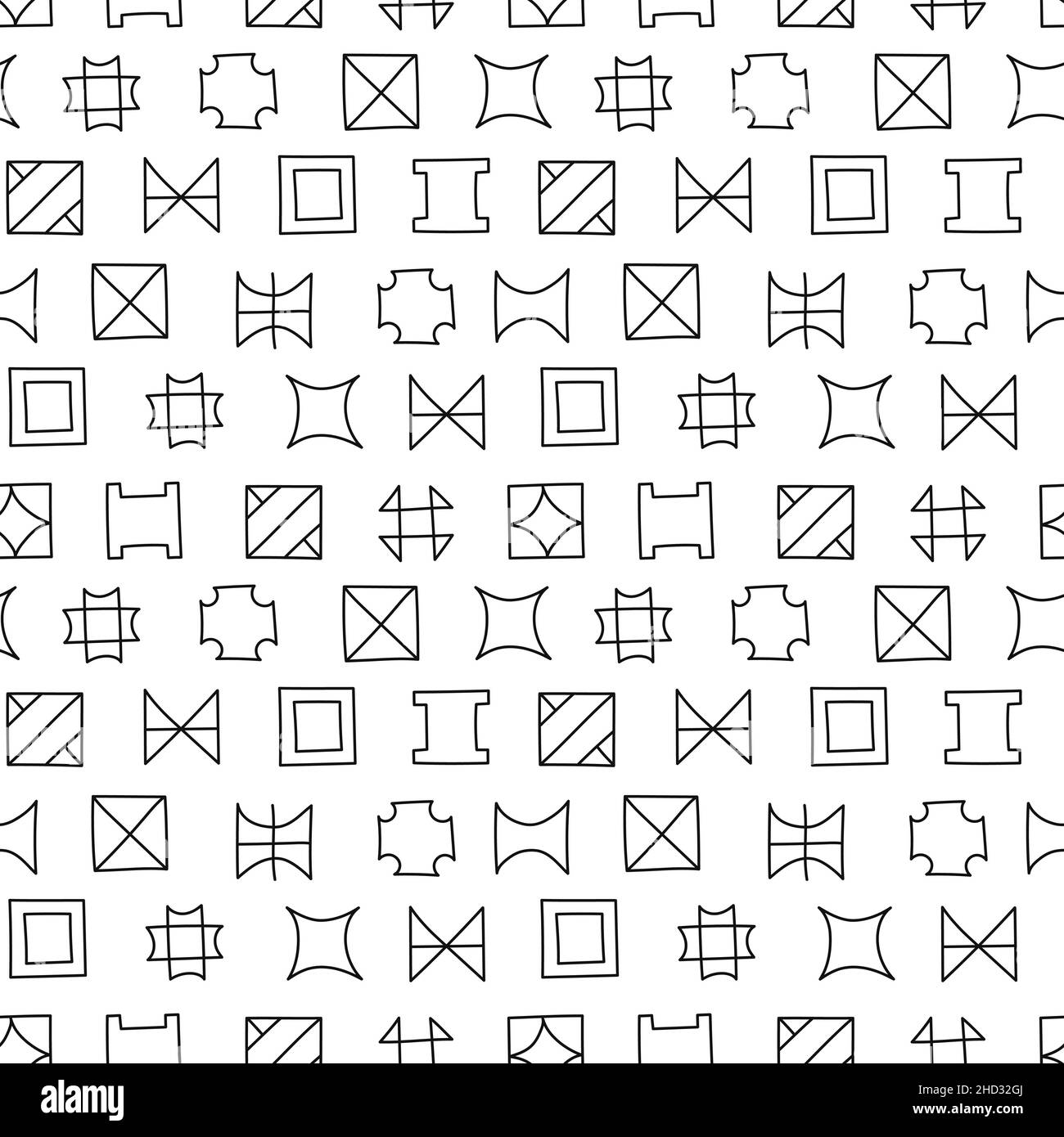 Hand drawn seamless pattern with abstract geometric elements, black and white texture. Stock Vector