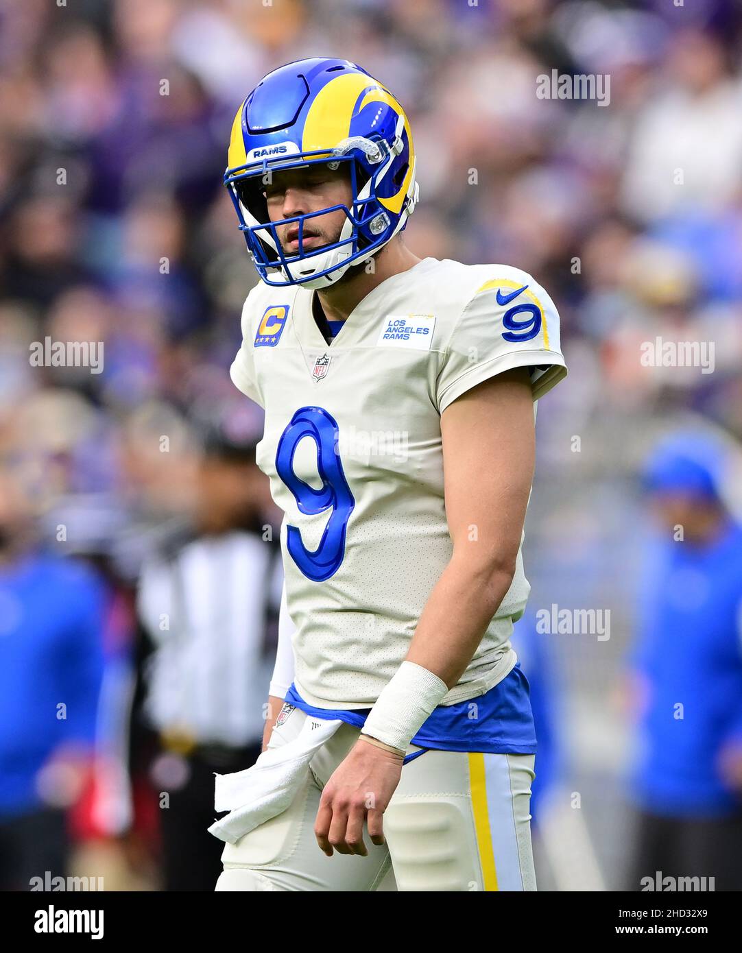 Baltimore, United States. 02nd Jan, 2022. Los Angeles Rams quarterback Matthew Stafford (9) reacts after throwing an interception to the Baltimore Ravens during the first half at M&T Bank Stadium in Baltimore, Maryland, on Sunday, January 2, 2022. Photo by David Tulis/UPI Credit: UPI/Alamy Live News Stock Photo
