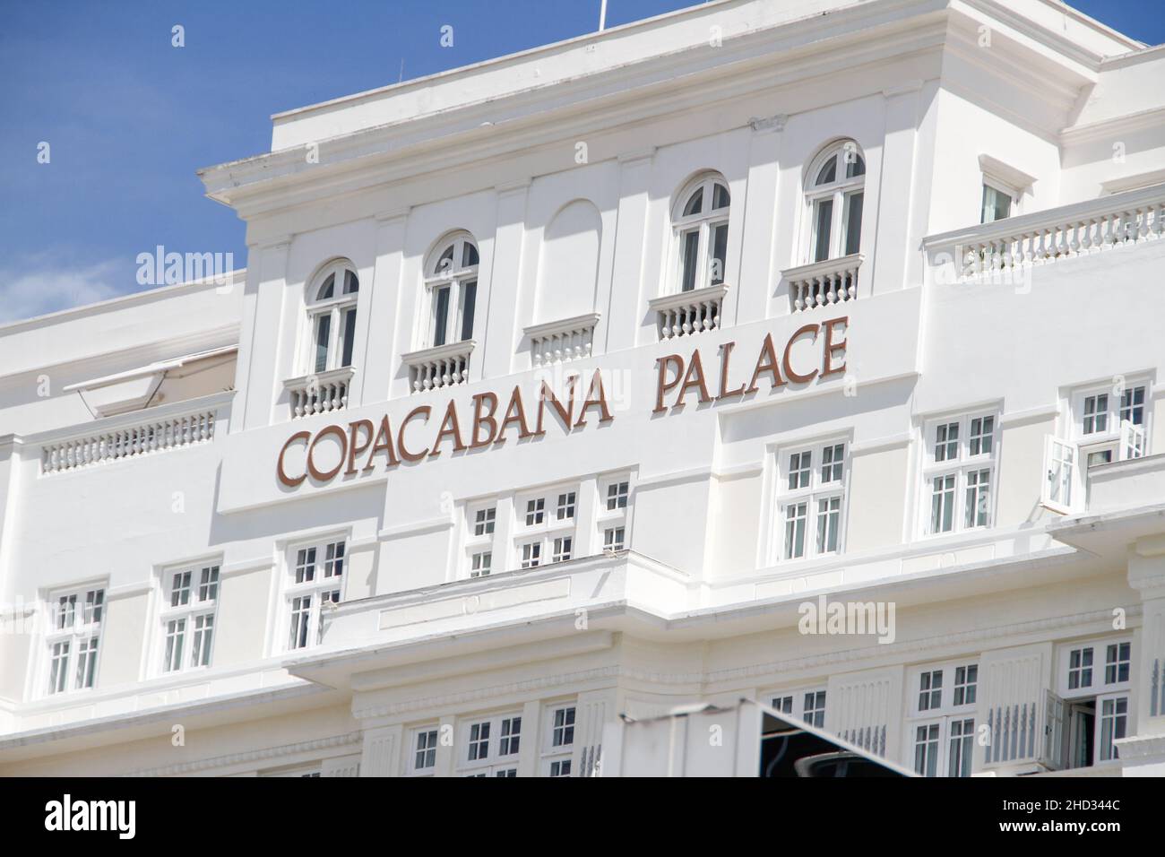Copacabana Palace Hotel facade in Rio de Janeiro, Brazil -15 November 2021: Copacabana Palace Hotel facade in Copacabana District in Rio de Janeiro. Stock Photo
