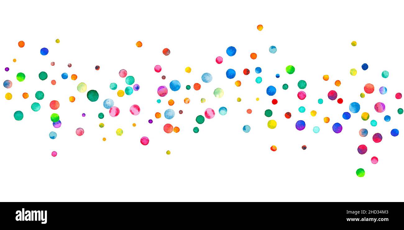 Watercolor confetti on white background. Adorable rainbow colored dots. Happy celebration wide colorful bright card. Interesting hand painted confetti Stock Photo