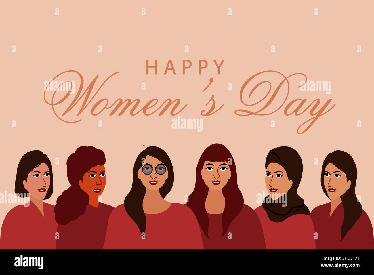 Happy women's day card, with six women from different ethnicities and cultures standing side by side. Strong and brave girls support each other. Broth Stock Vector