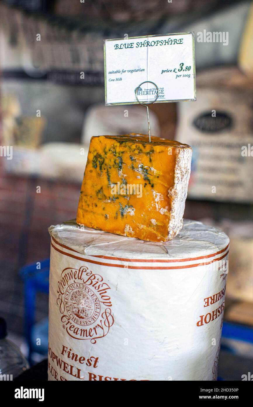 Blue Shropshire cheese at Borough Market in Southwark, London, England. Stock Photo