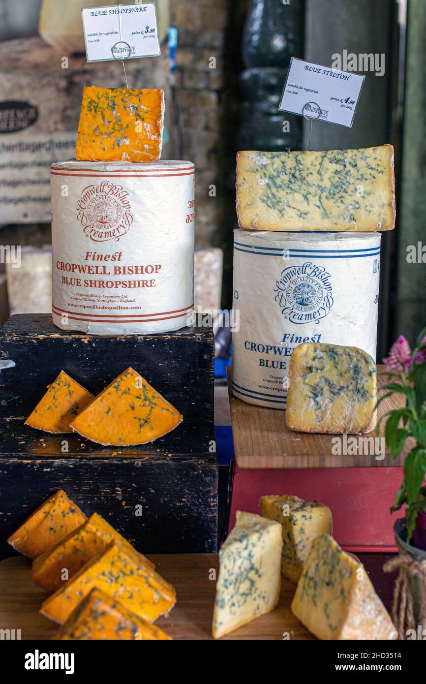 Blue Shropshire cheese at Borough Market in Southwark, London, England. Stock Photo