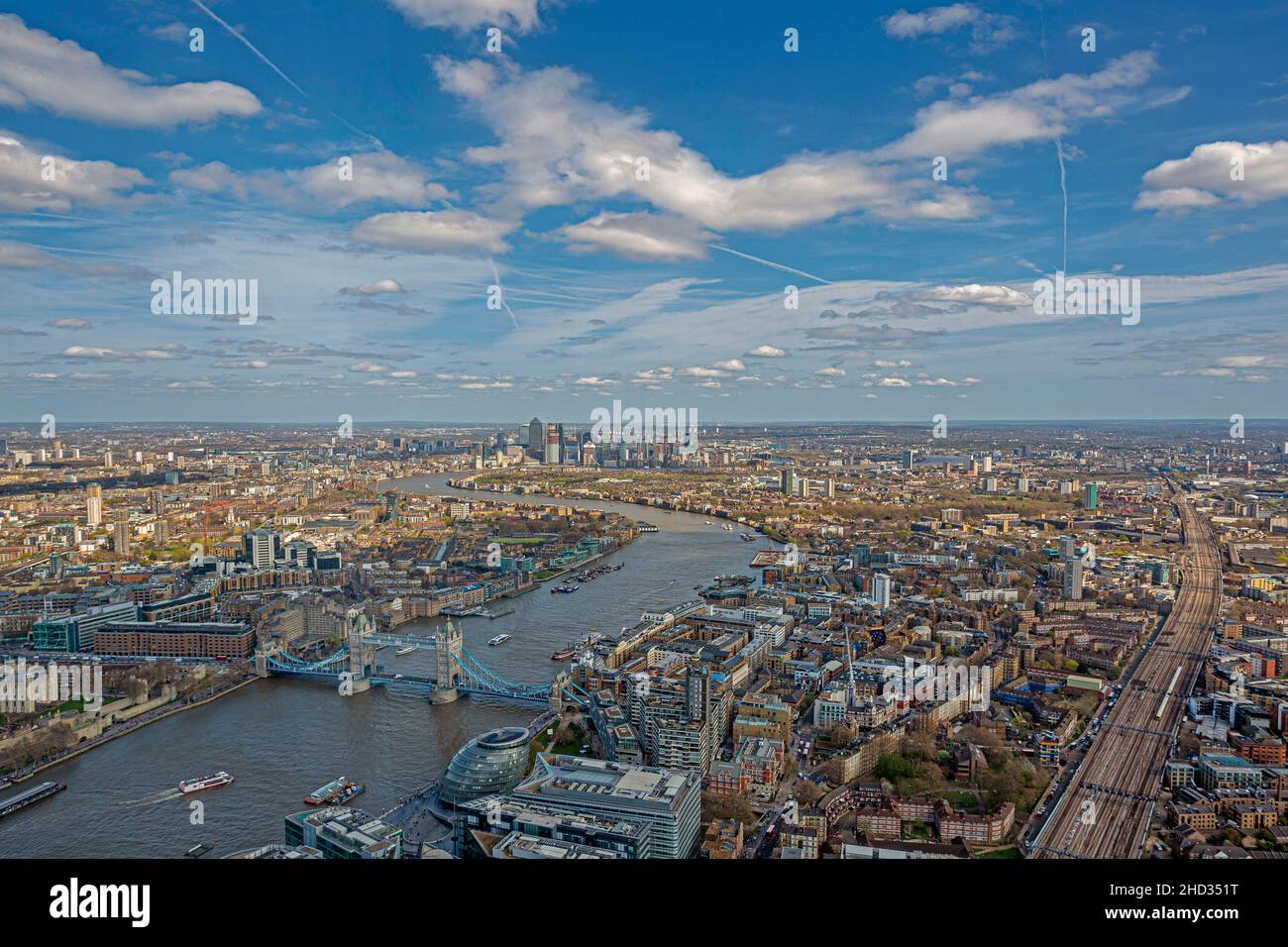 London daytime bird view on Thames River and Tower Bridge from the Shard skyscraper Stock Photo