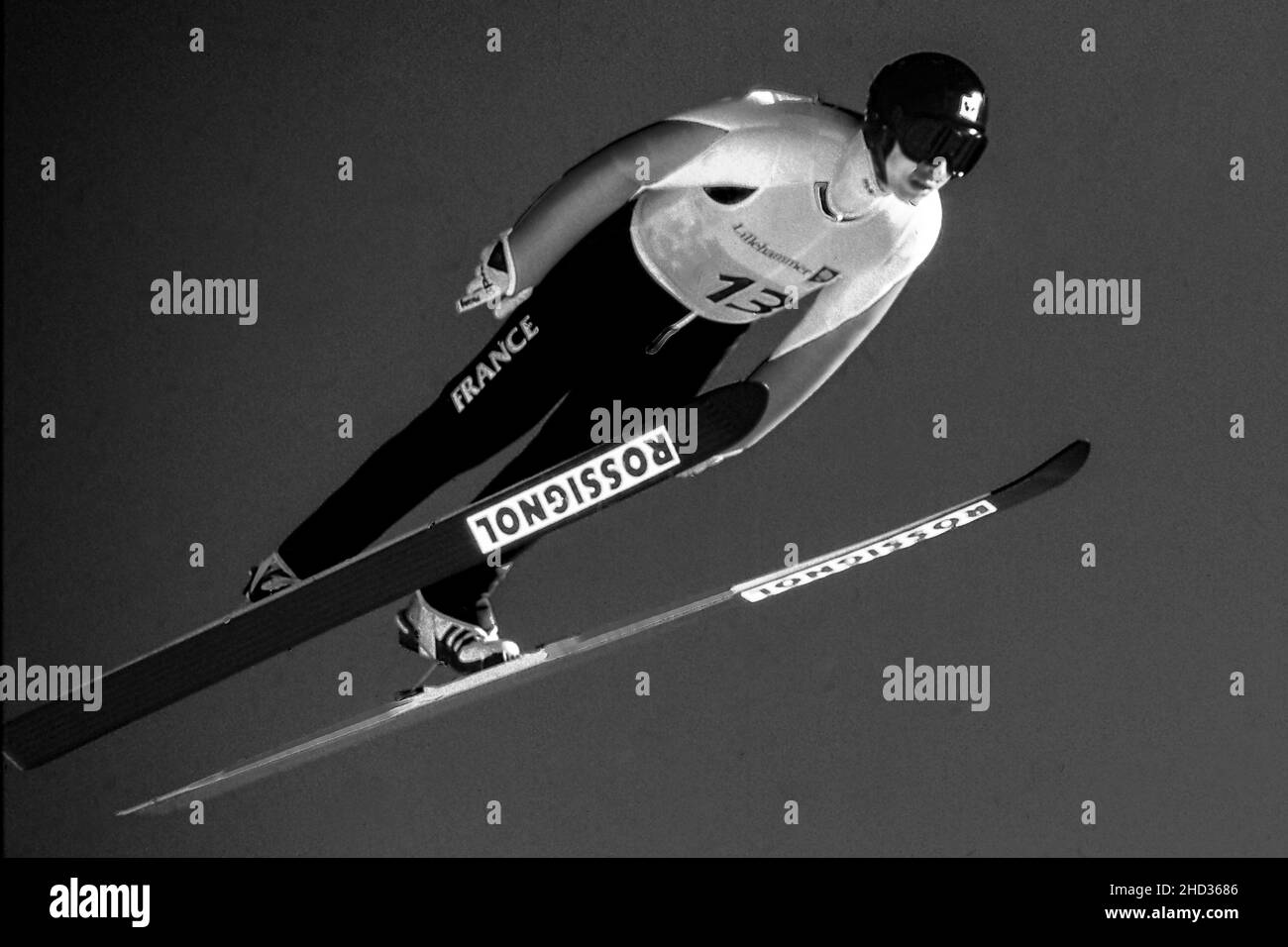 Nicolas Jean-Prost (FRA) competing in the Men's K120 individual ski jumping at the 1994 Olympic Winter Games Stock Photo