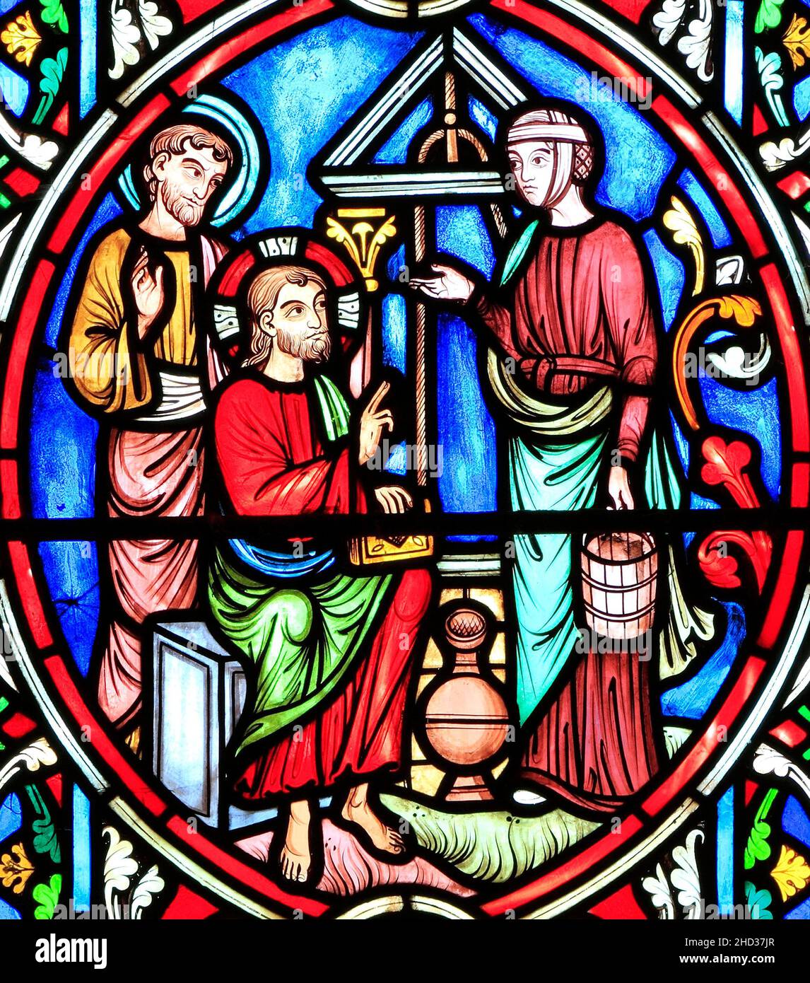 Scene from Life of Jesus, by Adolph Didron, Paris, 1860, stained glass window, Feltwell, Norfolk, England, Jesus talks to Samaritan woman, at Jacob's Stock Photo