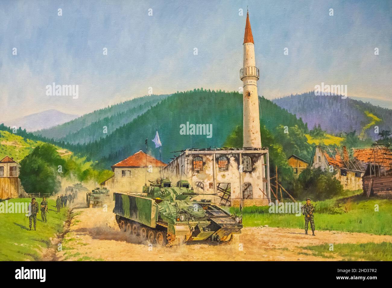 England, Dorset, Dorchester,The Keep Military Museum, Painting of British Forces  as Part of the UN Force in Bosnia Stock Photo