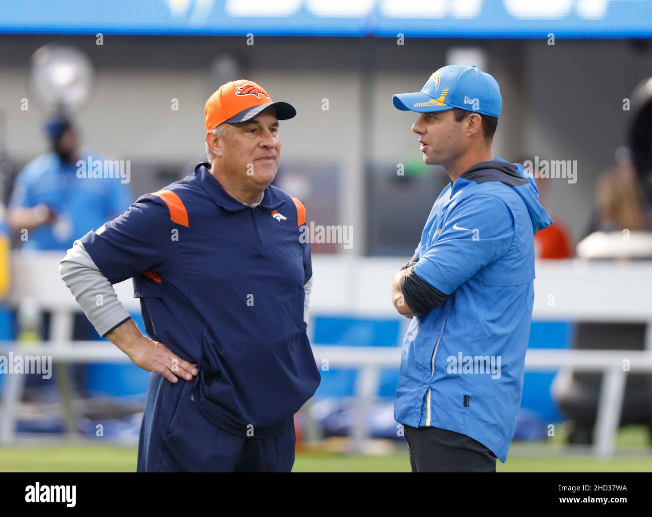 January 02, 2022 Denver Broncos head coach Vic Fangio and Los Angeles  Chargers head coach Brandon Staley in action during the NFL game between  the Los Angeles Chargers and the Denver Broncos