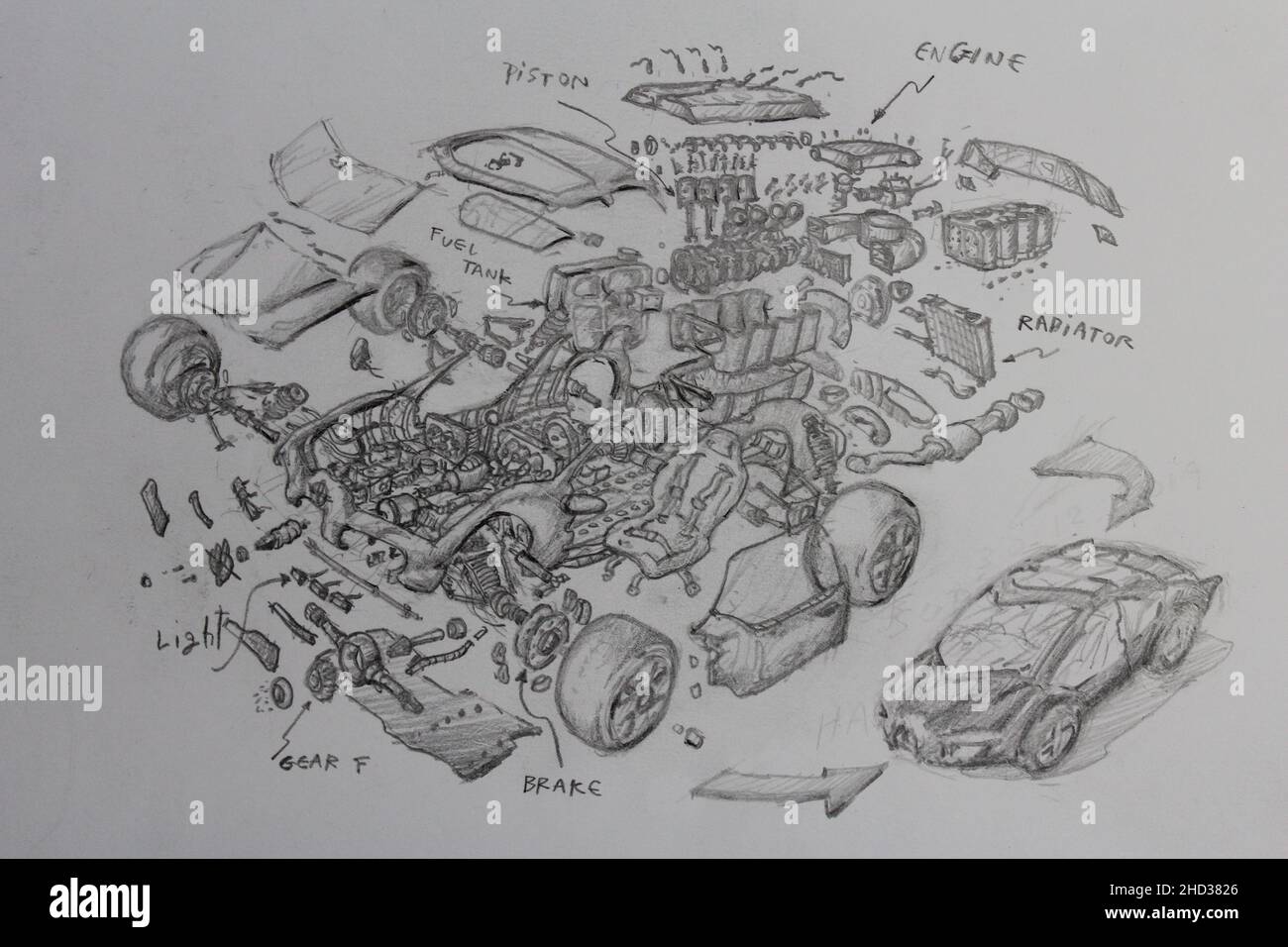 Cutaway supercar V8 piston engine turbocharger freehand sketch. Stock Photo
