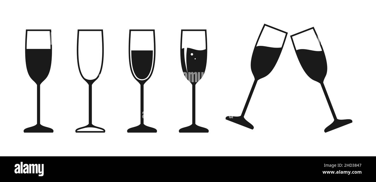 Wine champagne glass line outline contour icon set in flat style. Sign ...