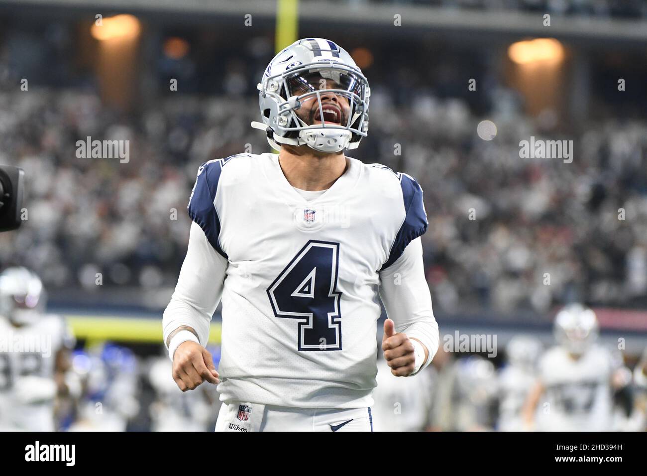 Arlington, United States. 02nd Jan, 2022. Dallas Cowboys qarterback yells as he enters the game against the Arizona Cardinals during their NFL game at AT&T Stadium in Arlington, Texas on Sunday, January 2, 2022. Photo by Ian Halperin/UPI Credit: UPI/Alamy Live News Stock Photo