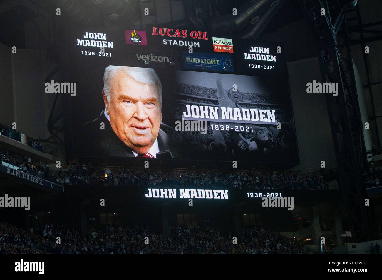 Indianapolis, Indiana, USA. 02nd Jan, 2022. The Indianapolis Colts honored John Madden with a moment of silence prior to NFL football game action between the Las Vegas Raiders and the Indianapolis Colts at Lucas Oil Stadium in Indianapolis, Indiana. Las Vegas defeated Indianapolis 23-20. John Mersits/CSM/Alamy Live News Stock Photo