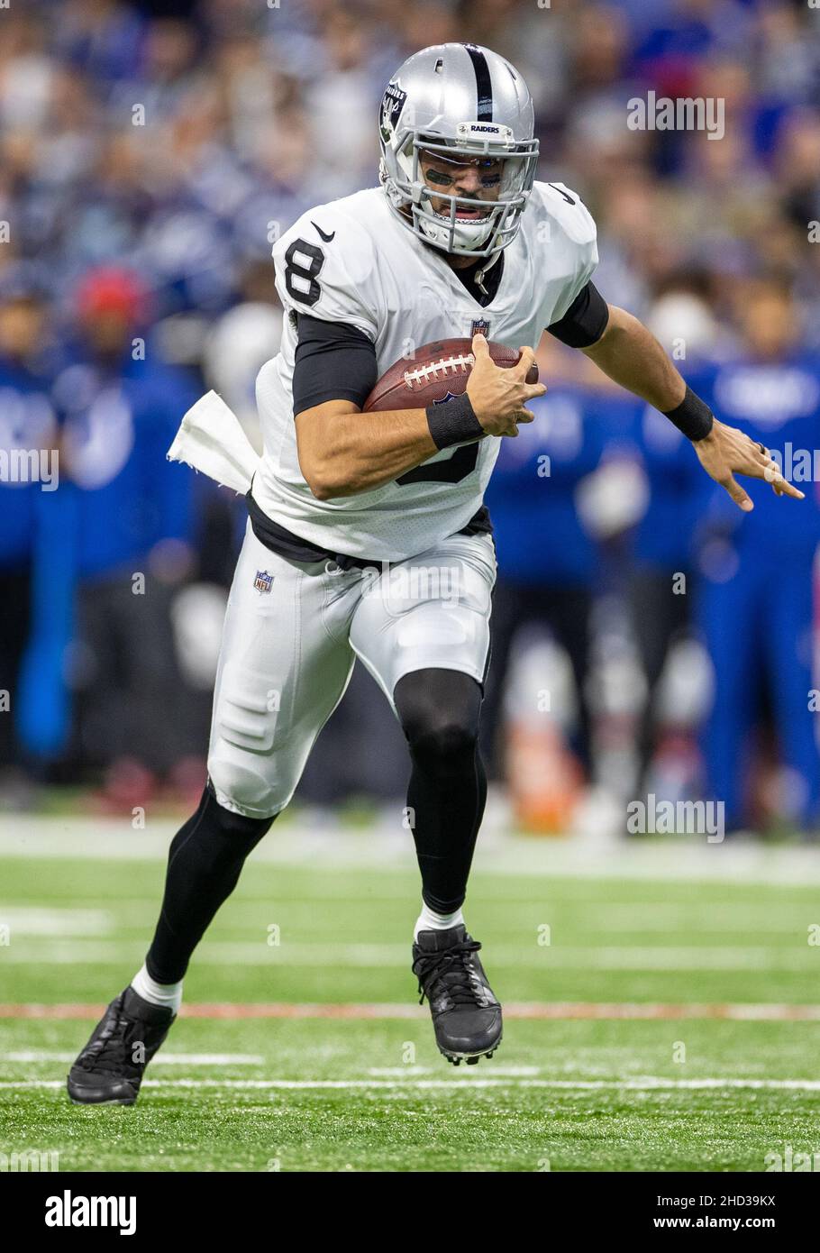 January 02, 2022: Las Vegas Raiders quarterback Marcus Mariota (8) runs  with the ball during NFL football game action between the Las Vegas Raiders  and the Indianapolis Colts at Lucas Oil Stadium