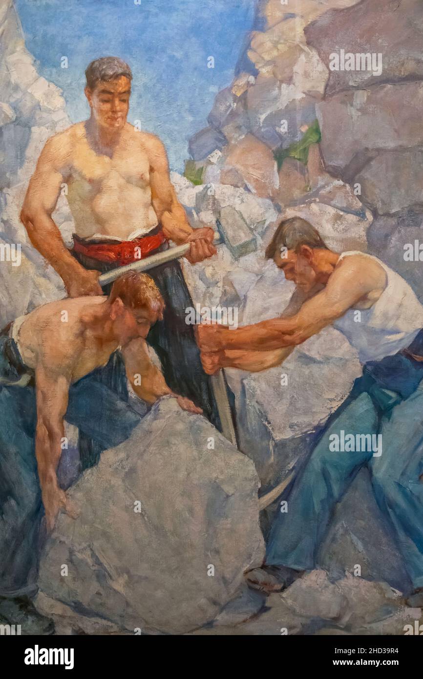 England, Dorset, Dorchester, Dorset Museum, Painting titled 'Dorset Quarrymen, Three Workers' by Alfred Palmer dated 1940 Stock Photo
