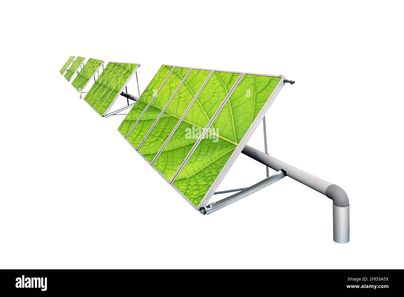 Solar cell panels array with plant leaves surface isolated on white. Green energy concept. Stock Photo