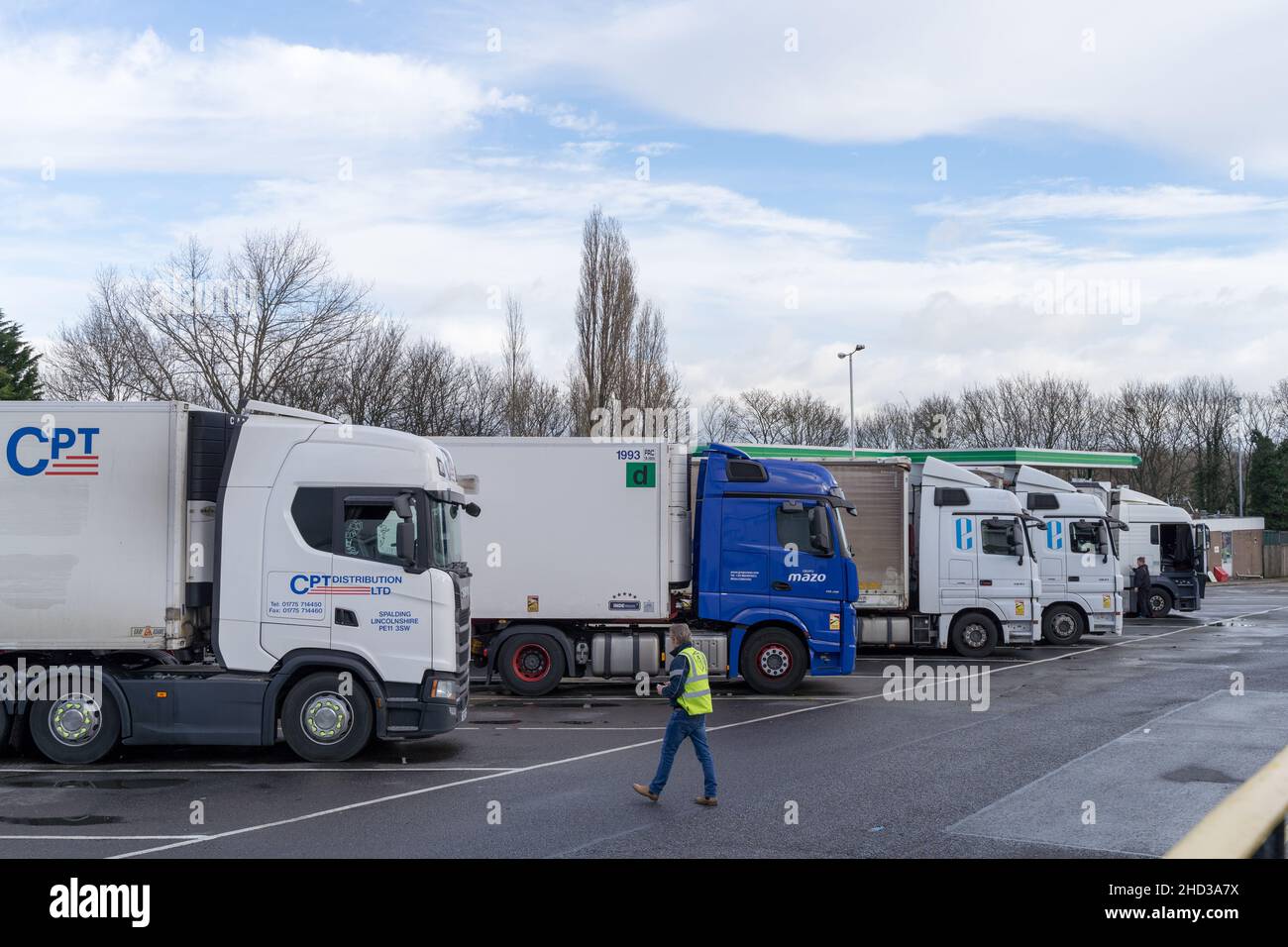 A lorry driver walk to Row of Lorries  Kent England UK Stock Photo