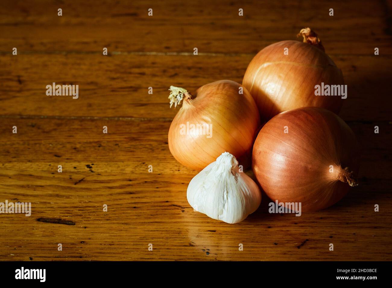 Three Onions and One Garlic Bulb on Wooden Table Stock Photo