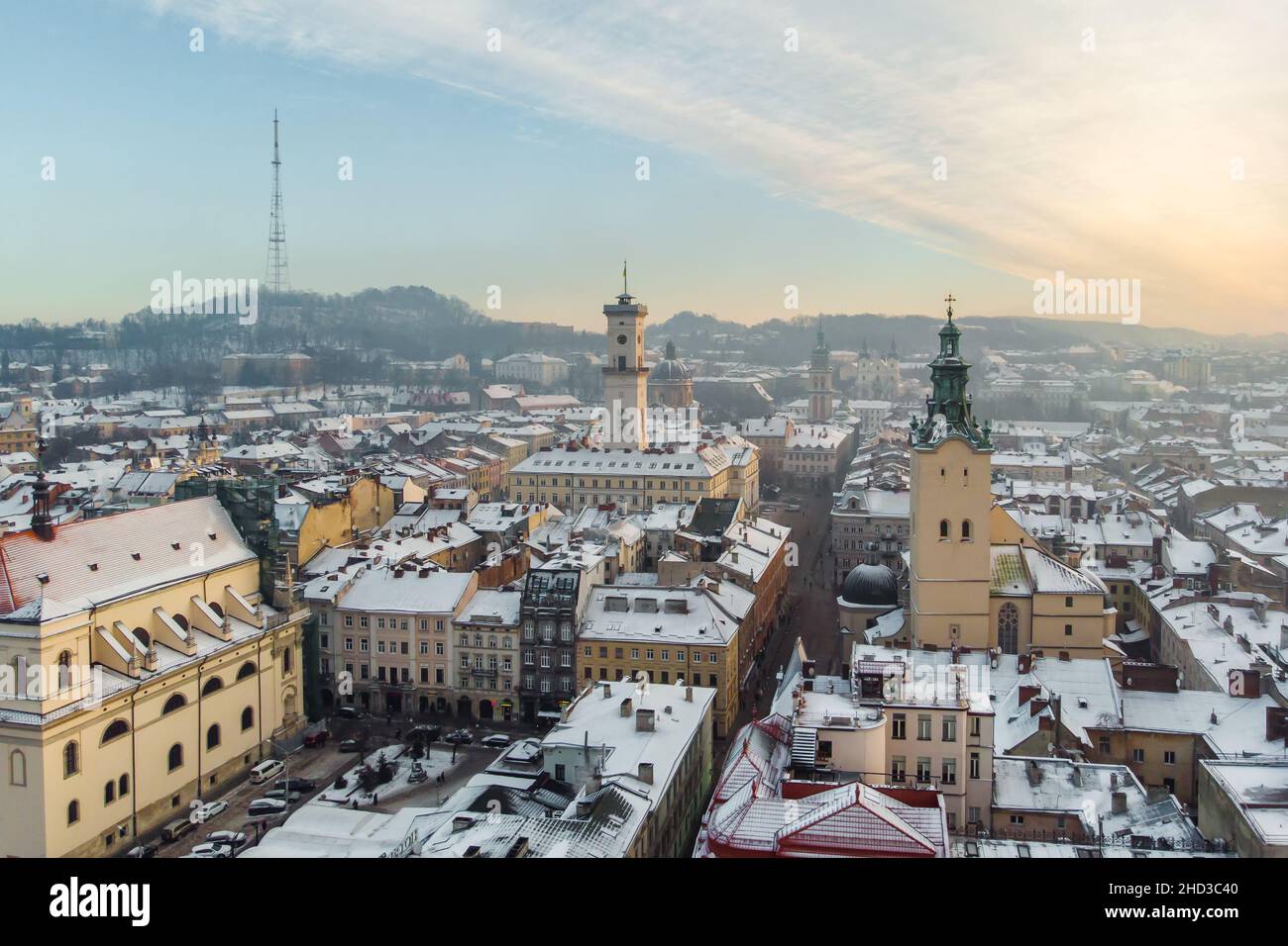 Aerial view of Lviv at sunrise, Ukraine Stock Photo
