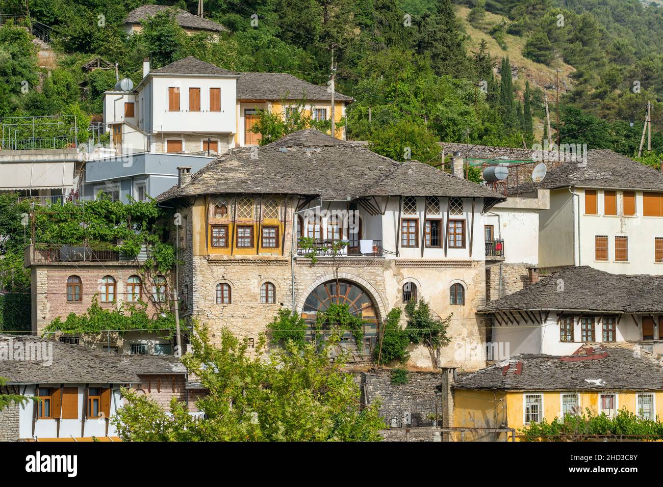 Old ottoman houses in Gjirokaster, Albania close-up Stock Photo