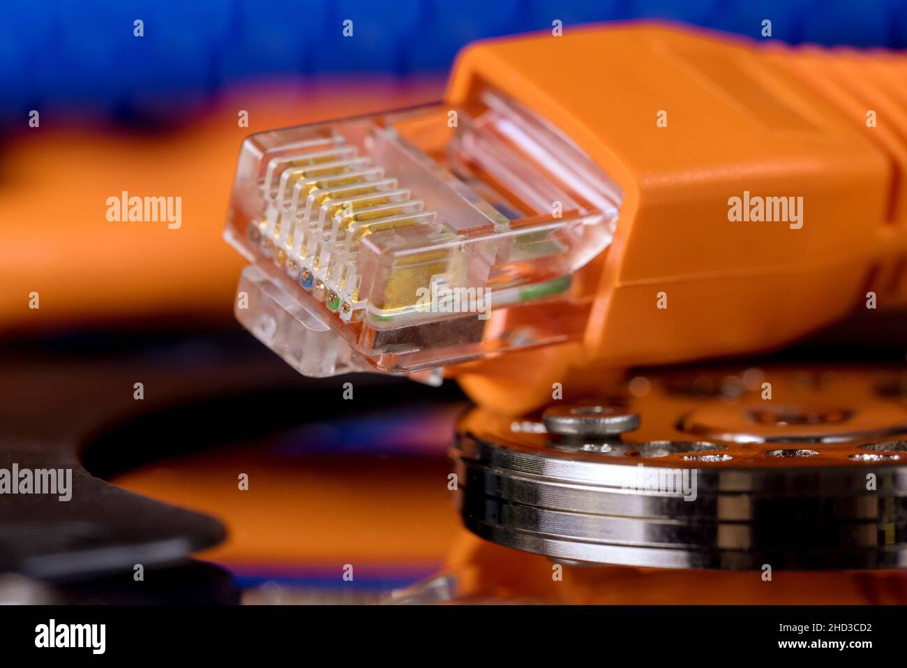 Online storage files backup, transfer, server information storage at internet network cables connected Stock Photo