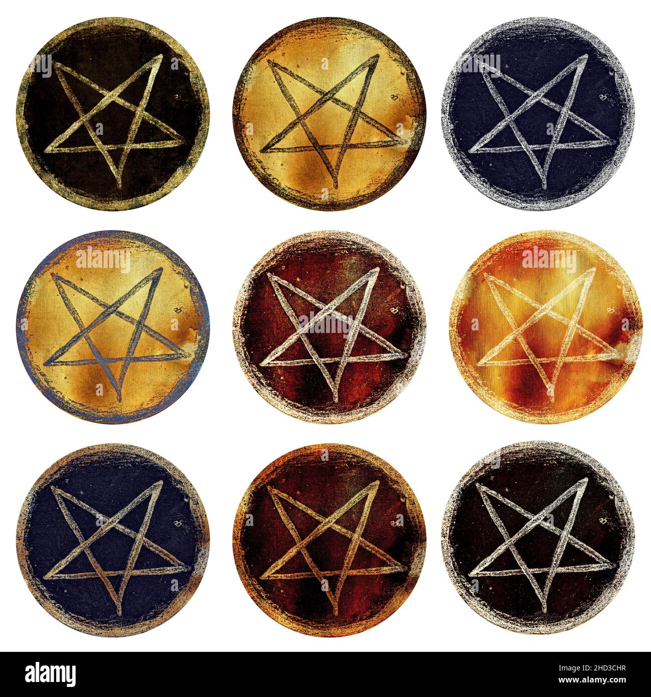 Design clip art set with magic seals, stamp or print with symbol of pentagram isolated on white background. Esoteric, gothic, wicca and occult theme, Stock Photo