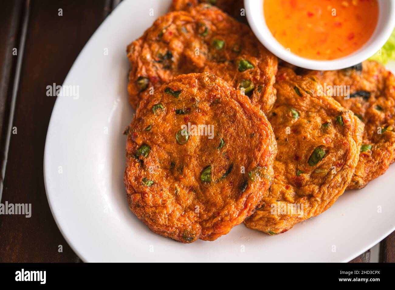 Deepfried fish cake, close up Thai food Thod Mun or deepfried fish